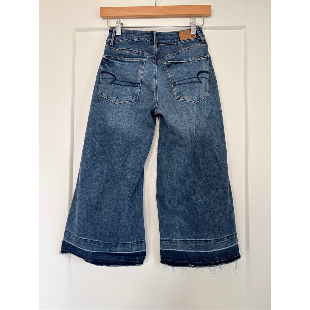 American Eagle Festival Crop Jeans Medium Wash Wide Leg Raw Hem 00 Super Stretch